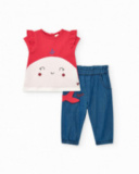 Girls' outfit with red whale T-shirt and embroidered denim pants