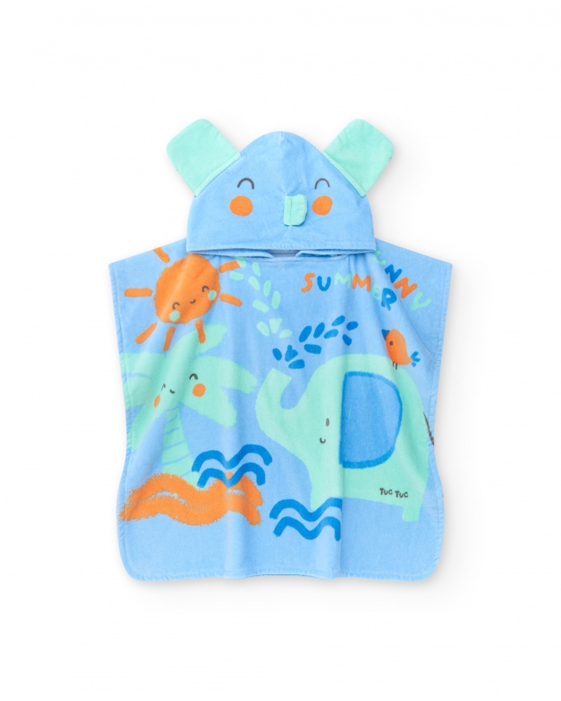 Boys' poncho towel with elephant print and hood with ears