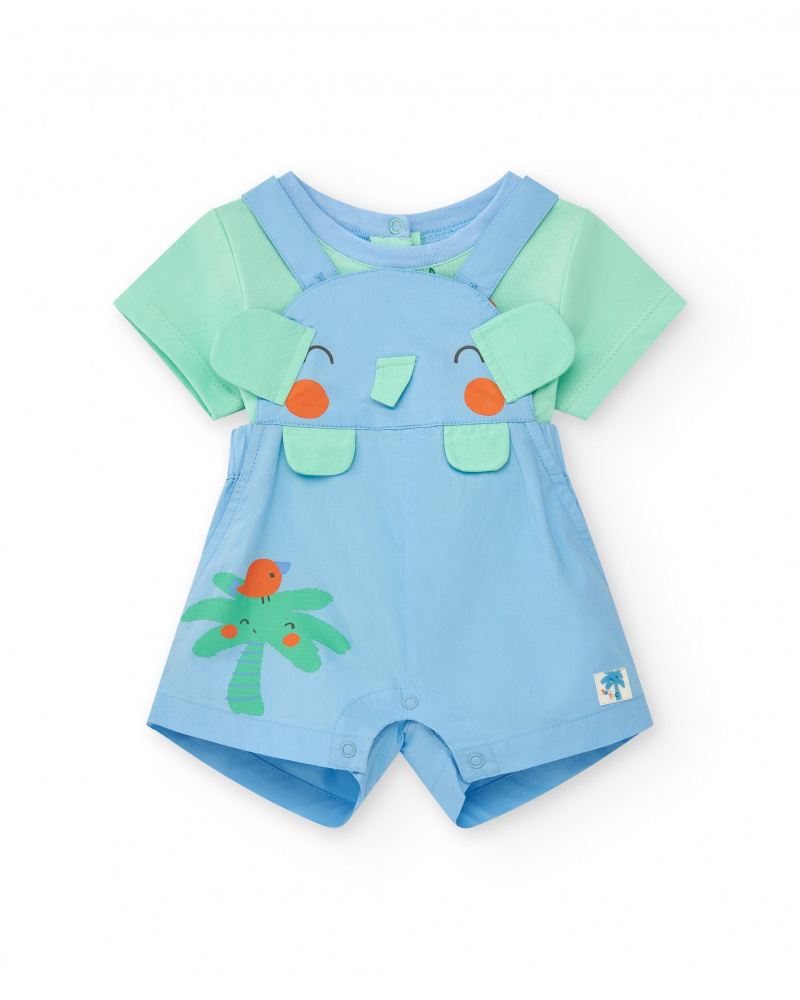 Boys' outfit with elephant and palm tree overalls and green T-shirt