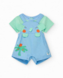 Boys' outfit with elephant and palm tree overalls and green T-shirt