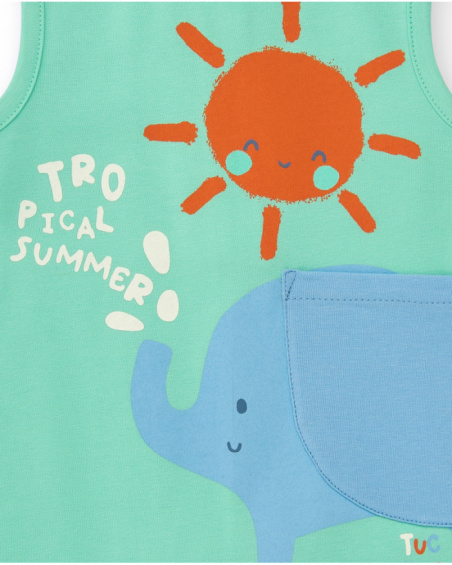 Green sleeveless romper for boys with elephant and sun print