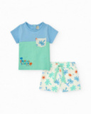 Boys' outfit with blue and green T-shirt and white shorts with palm tree and sun print