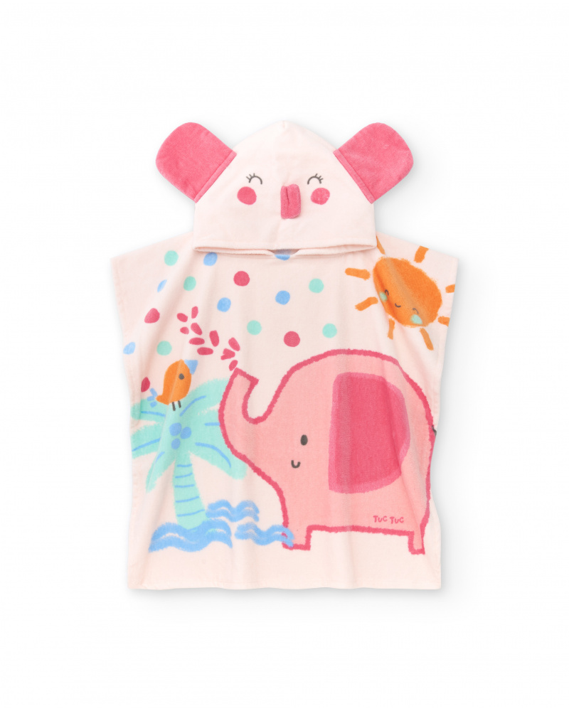 Pink poncho towel for girls with tropical print and hood with ears