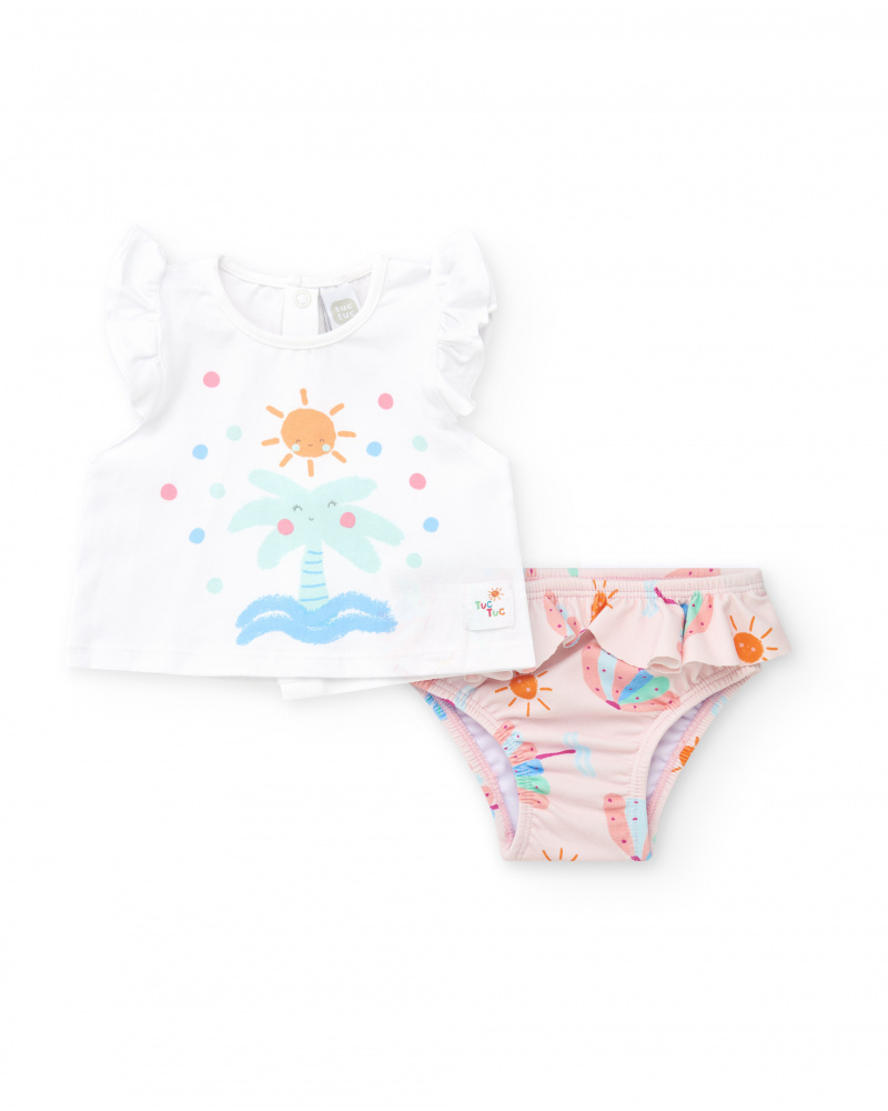Girls' swim outfit with white palm tree T-shirt and pink ruffled bikini bottoms