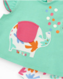 Green outfit for girls with elephant T-shirt and white tropical leaf panties