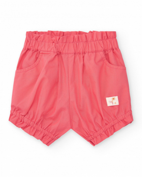 White and coral outfit for girls with tropical leaf T-shirt and ruched shorts