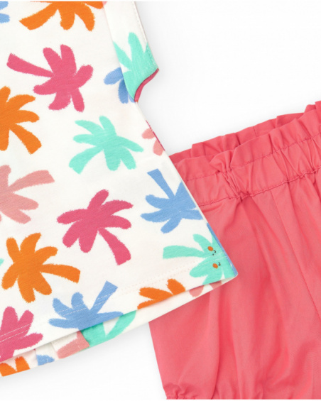 Conjunto blanco y coral para niña con camiseta de hojas