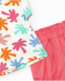 White and coral outfit for girls with tropical leaf T-shirt and ruched shorts