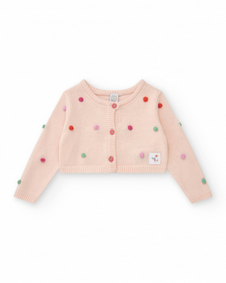 Pink knitted jacket for girls with multicolored pom-poms and front buttons