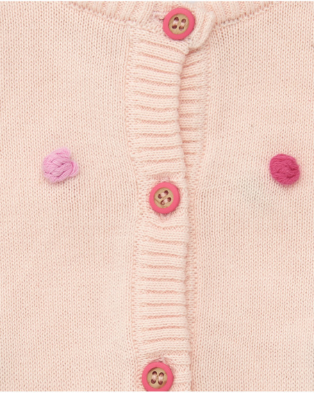 Pink knitted jacket for girls with multicolored pom-poms and front buttons
