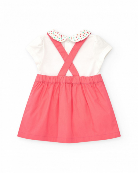 Pink overalls for girls with raised elephant design and polka dot white T-shirt