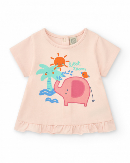 Cream and pink outfit for girls with elephant T-shirt, long pants, and jacket