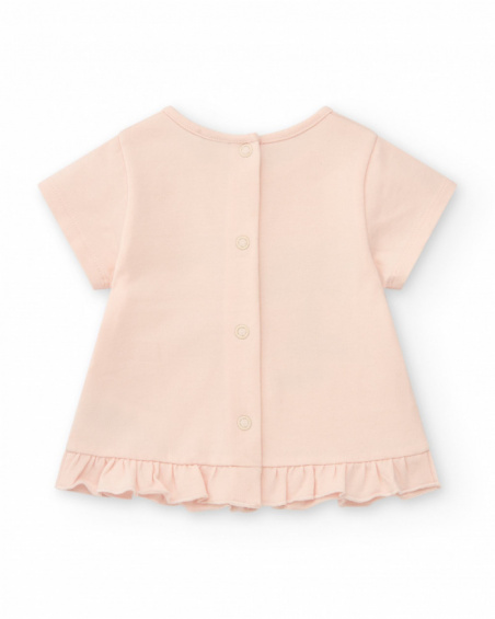 Cream and pink outfit for girls with elephant T-shirt, long pants, and jacket