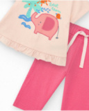Cream and pink outfit for girls with elephant T-shirt, long pants, and jacket