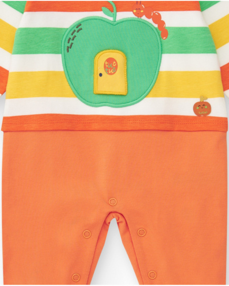Striped knitted romper for boys with apple applique and snap closure