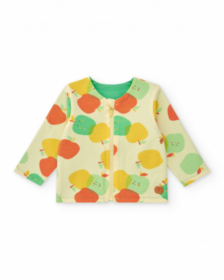 Boys' fleece outfit with apple T-shirt, green pants, and zip-up jacket
