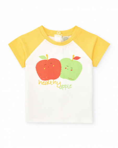 Boys' fleece outfit with apple T-shirt, green pants, and zip-up jacket