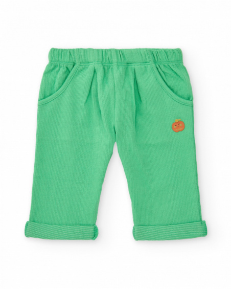 Boys' fleece outfit with apple T-shirt, green pants, and zip-up jacket