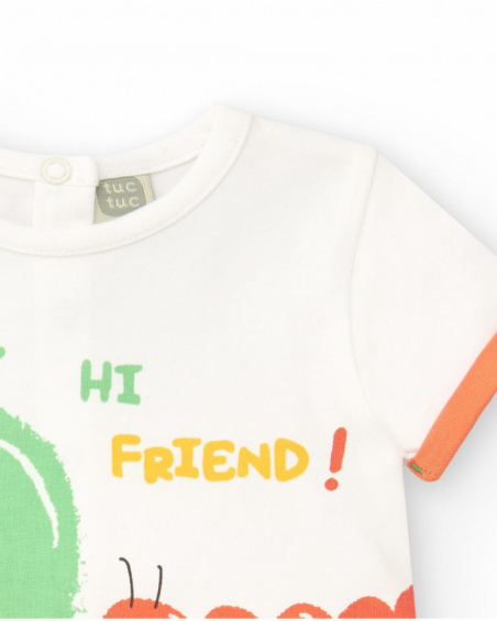 White and orange knitted romper for boys with apple print and "Hi Friend!" message White and orange knitted romper for boys with apple print and "Hi Friend!" message