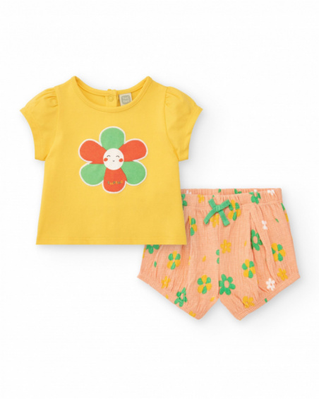 Girls' outfit with yellow T-shirt and pink floral shorts