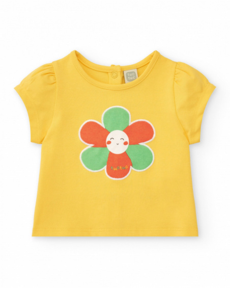 Girls' outfit with yellow T-shirt and pink floral shorts
