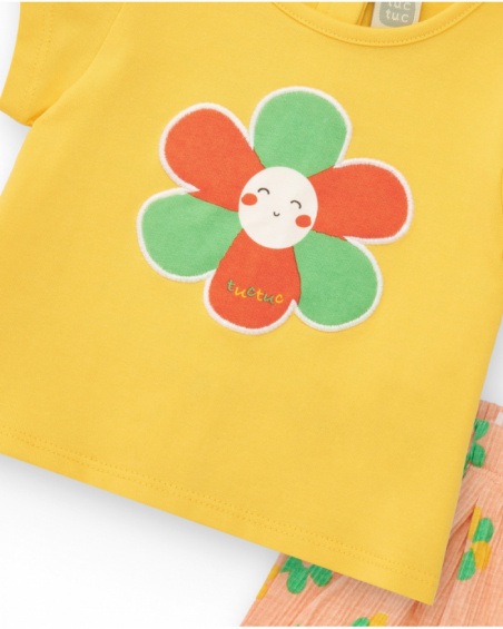 Girls' outfit with yellow T-shirt and pink floral shorts