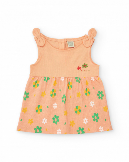 Peach dress for girls with floral print and tied straps