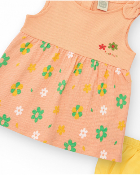 Peach dress for girls with floral print and tied straps