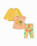 Fleece outfit for girls with fruit T-shirt, printed leggings, and yellow jacket