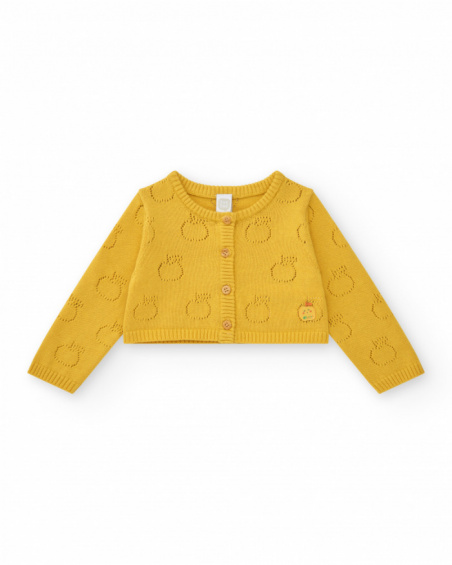Yellow knitted jacket for girls with openwork apple design