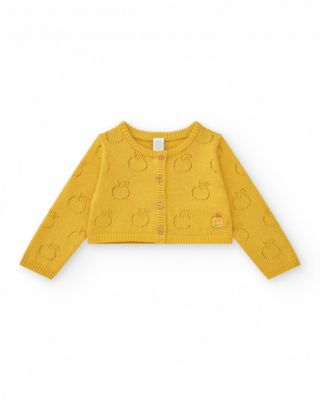 Yellow knitted jacket for girls with openwork apple design