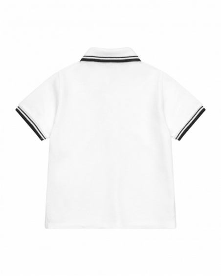 White polo shirt for boys with black trims and dinosaur embroidery