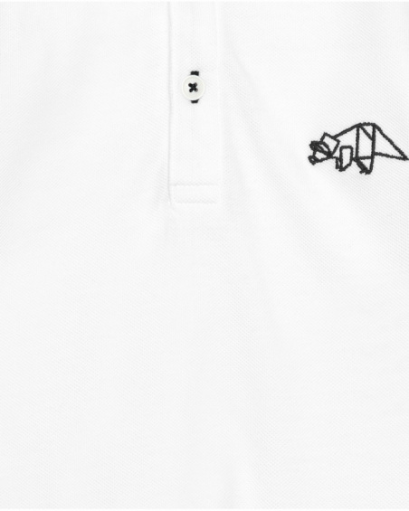 White polo shirt for boys with black trims and dinosaur embroidery