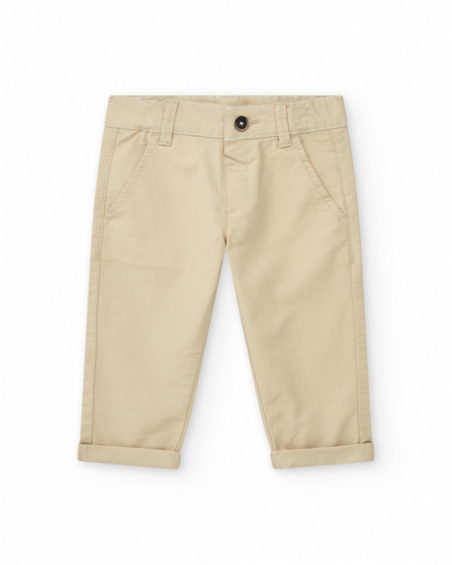 Pantalón largo beige para niño con bolsillos y dobladillo