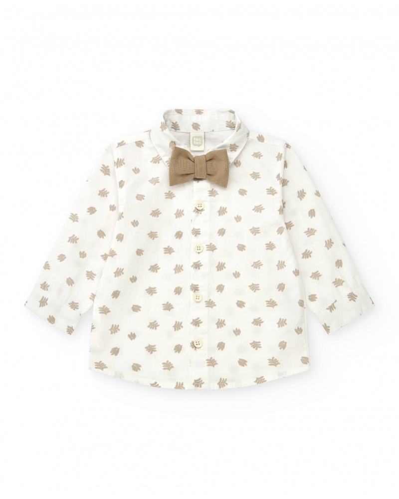 White shirt for boys with beige leaves and detachable bow tie