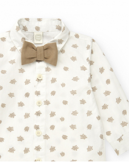 White shirt for boys with beige leaves and detachable bow tie