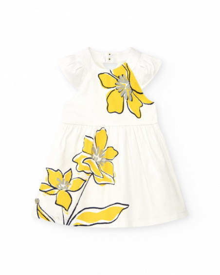 White dress for girls with yellow floral print and ruffles