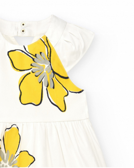 White dress for girls with yellow floral print and ruffles