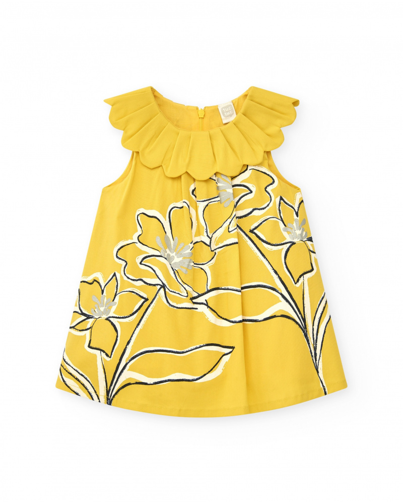 Sleeveless yellow dress for girls with floral print and ruffled collar