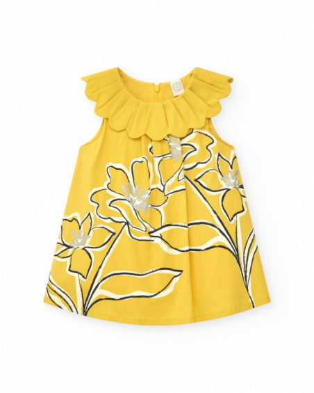 Sleeveless yellow dress for girls with floral print and ruffled collar