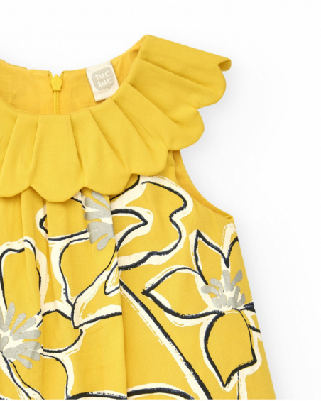 Sleeveless yellow dress for girls with floral print and ruffled collar