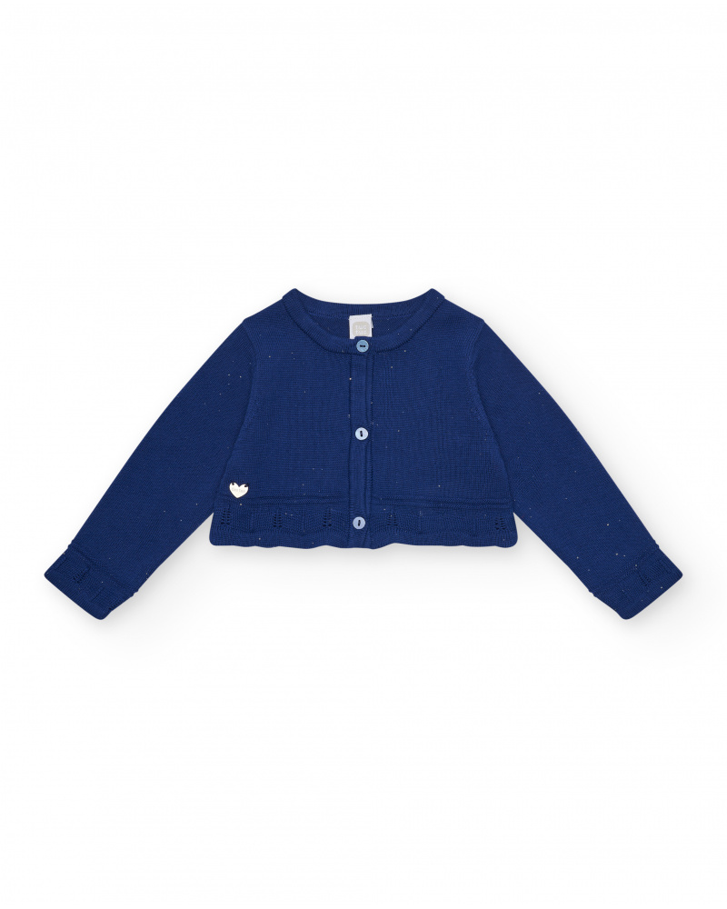Navy blue knitted jacket for girls with round collar and buttons