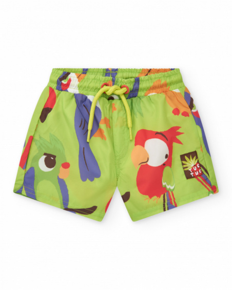 Green swim bermuda shorts for boys with parrots and jungle print