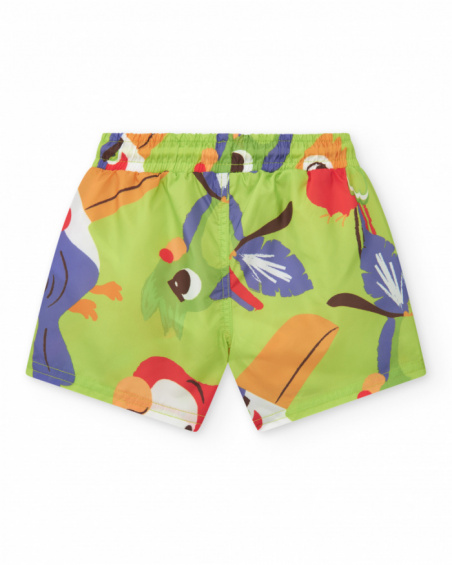 Green swim bermuda shorts for boys with parrots and jungle print