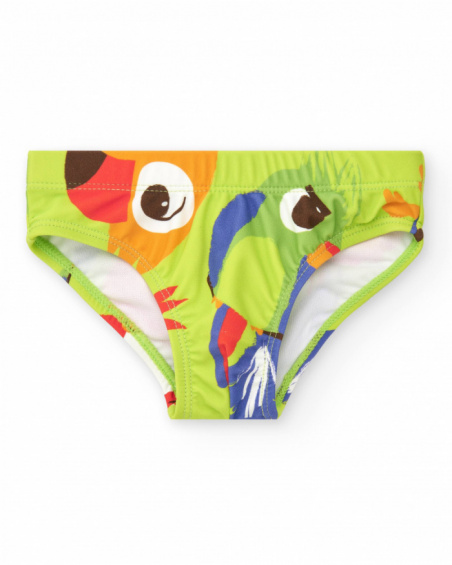 Green swim slip for boys with parrots and tropical print