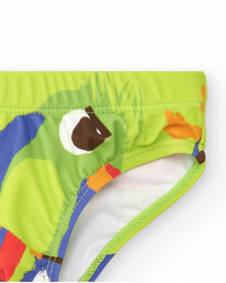 Green swim slip for boys with parrots and tropical print