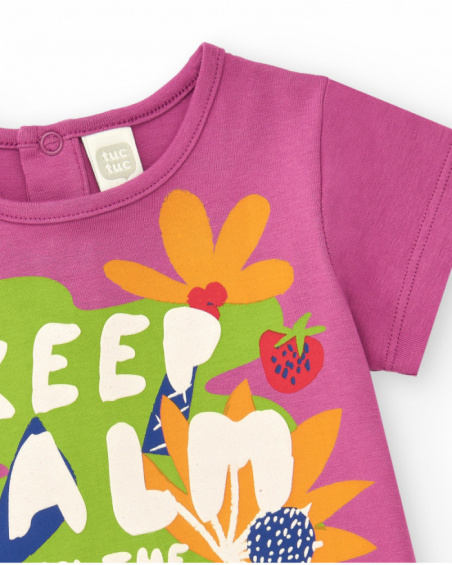 Lilac T-shirt for girls with tropical print and message Lilac T-shirt for girls with tropical print and message