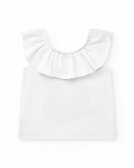 White T-shirt for girls with ruffles and tropical print