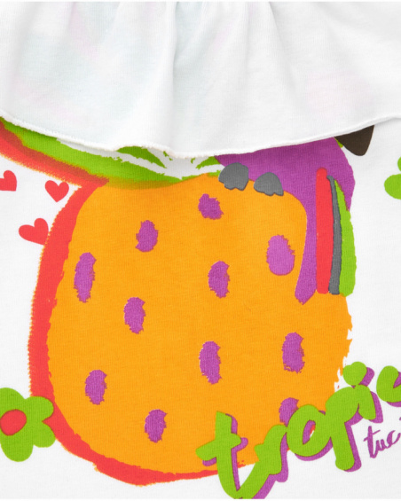 White T-shirt for girls with ruffles and tropical print