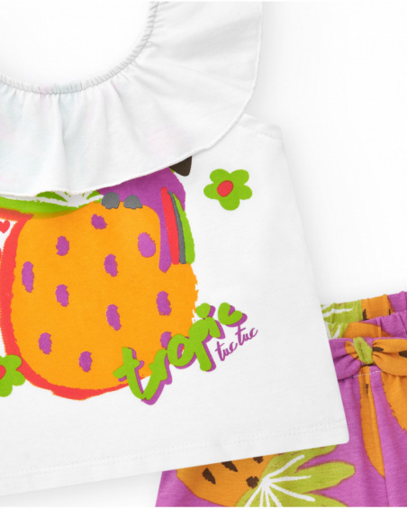 Girls' outfit with white pineapple T-shirt and purple fruit-print shorts
